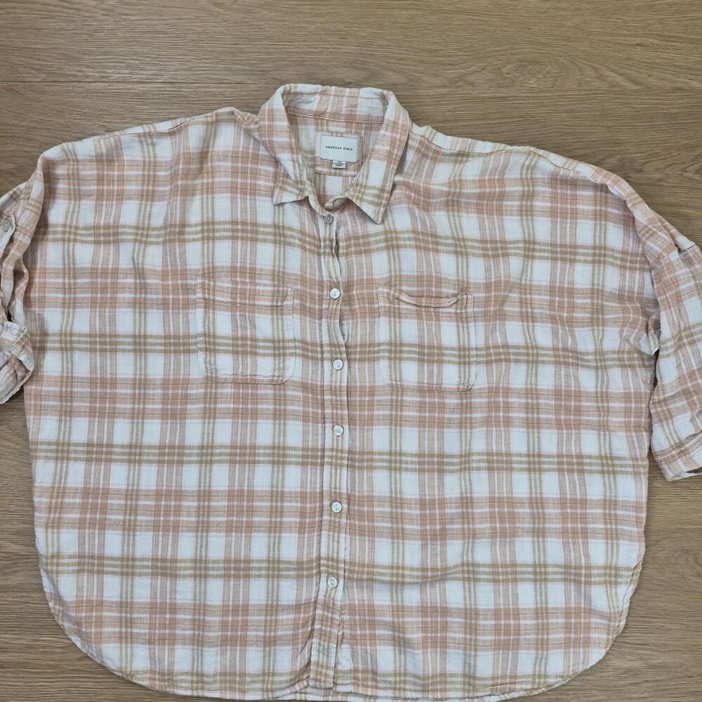 American Eagle Oversized Flannel Shirt Womens L Baggy Plaid Casual Mom Fit